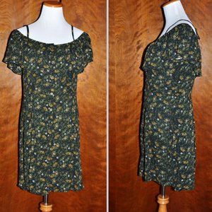 Mossimo Dark Green Floral Off Shoulder Flutter Sleeve Sun Dress  Size L